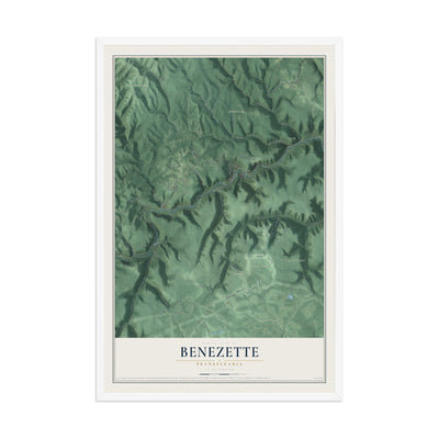 Map of Benezette, Pennsylvania, 12 x 18 inch print in a white wood frame
