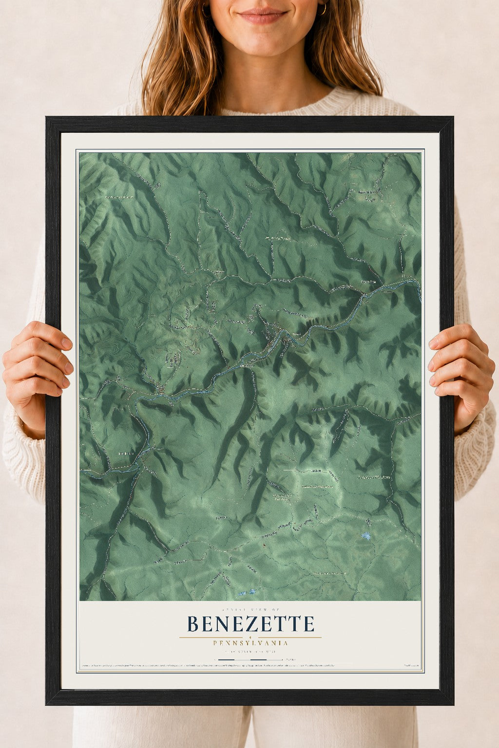 Map of Benezette, Pennsylvania, 18 x 24 inch print in a black wood frame