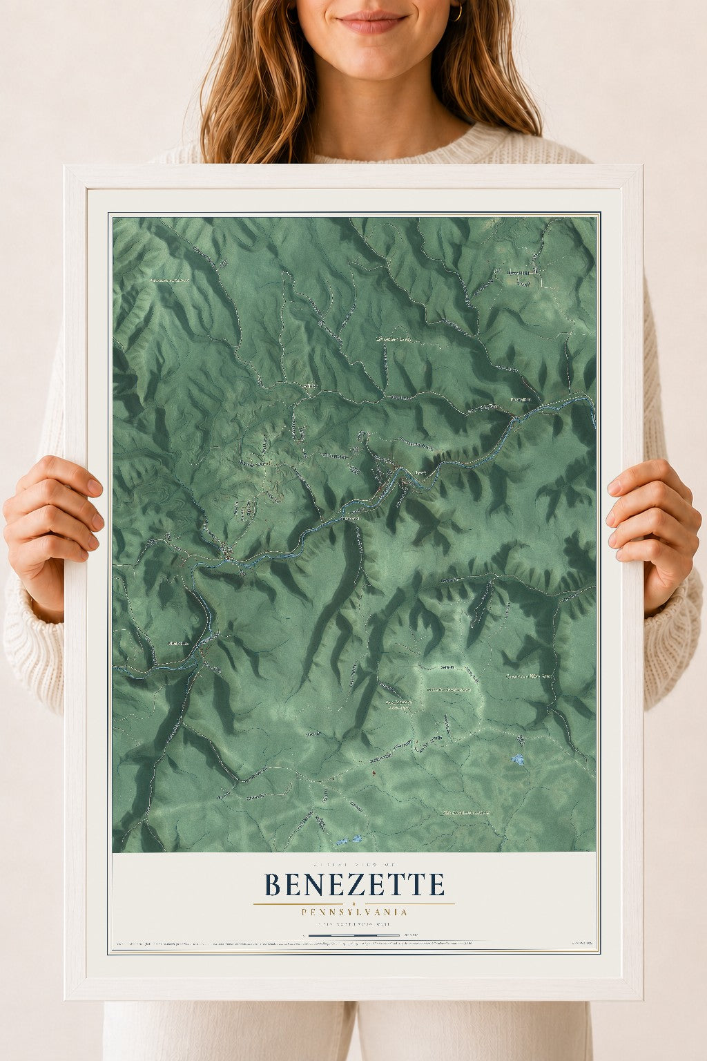 Map of Benezette, Pennsylvania, 18 x 24 inch print in a white wood frame