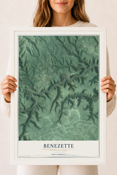 Map of Benezette, Pennsylvania, 18 x 24 inch print in a white wood frame