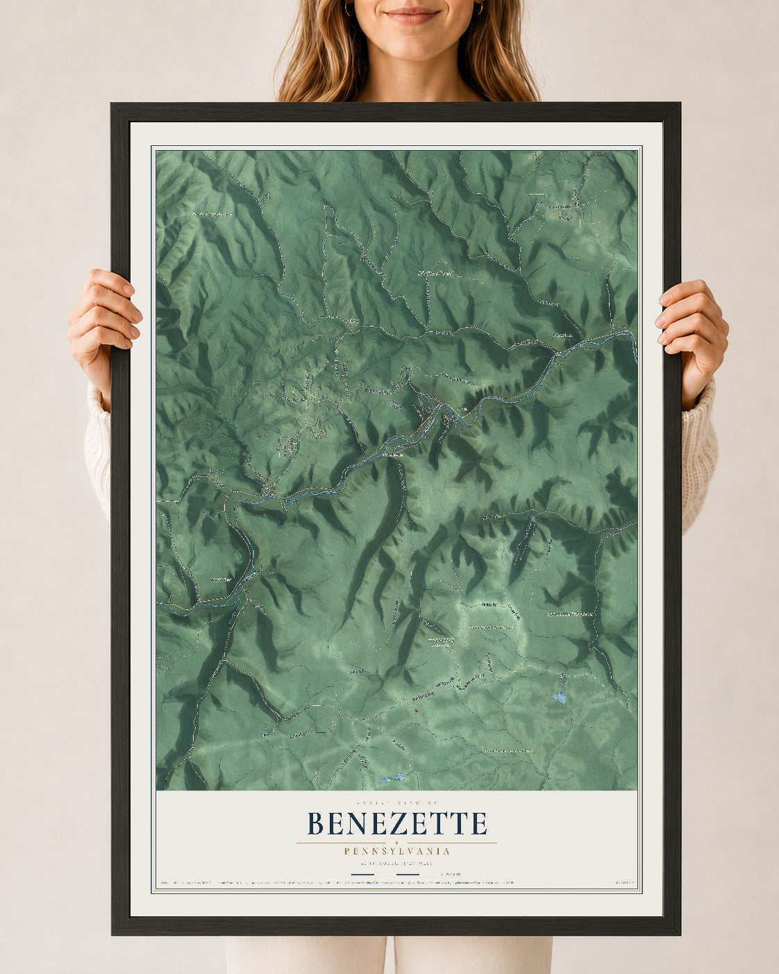 Map of Benezette, Pennsylvania, 24 x 36 inch print in a black wood frame