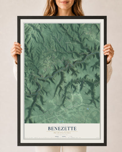 Map of Benezette, Pennsylvania, 24 x 36 inch print in a black wood frame