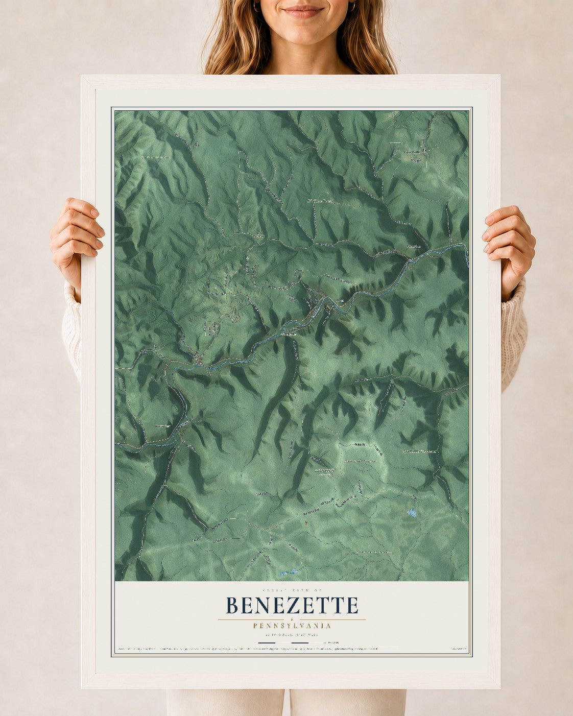 Map of Benezette, Pennsylvania, 24 x 36 inch print in a white wood frame