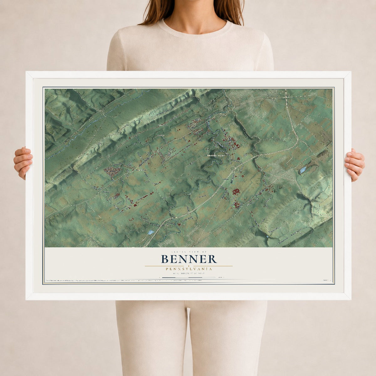 Map of Benner, Pennsylvania, 24 x 36 inch print in a white wood frame