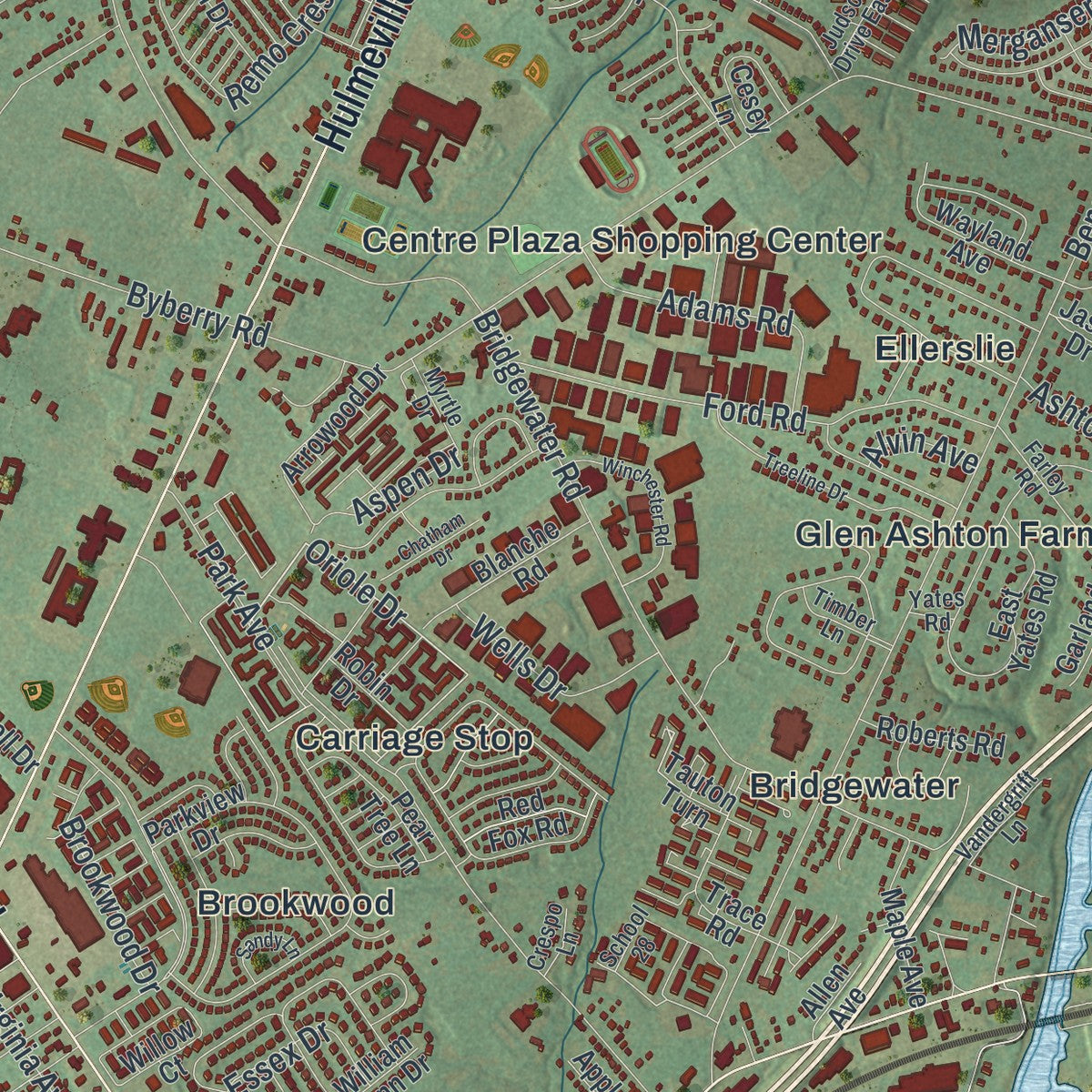 Close-up of the map of Bensalem, Pennsylvania print showing street and building detail
