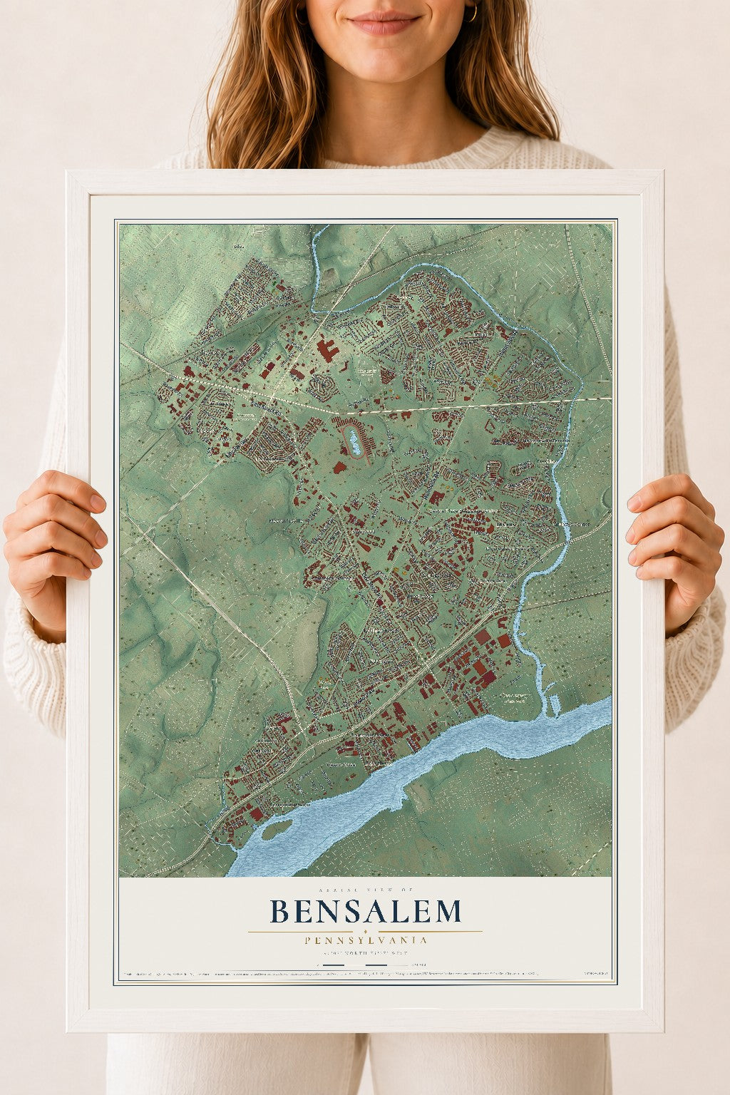 Map of Bensalem, Pennsylvania, 18 x 24 inch print in a white wood frame