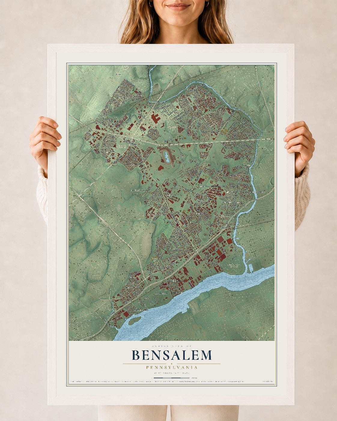 Map of Bensalem, Pennsylvania, 24 x 36 inch print in a white wood frame