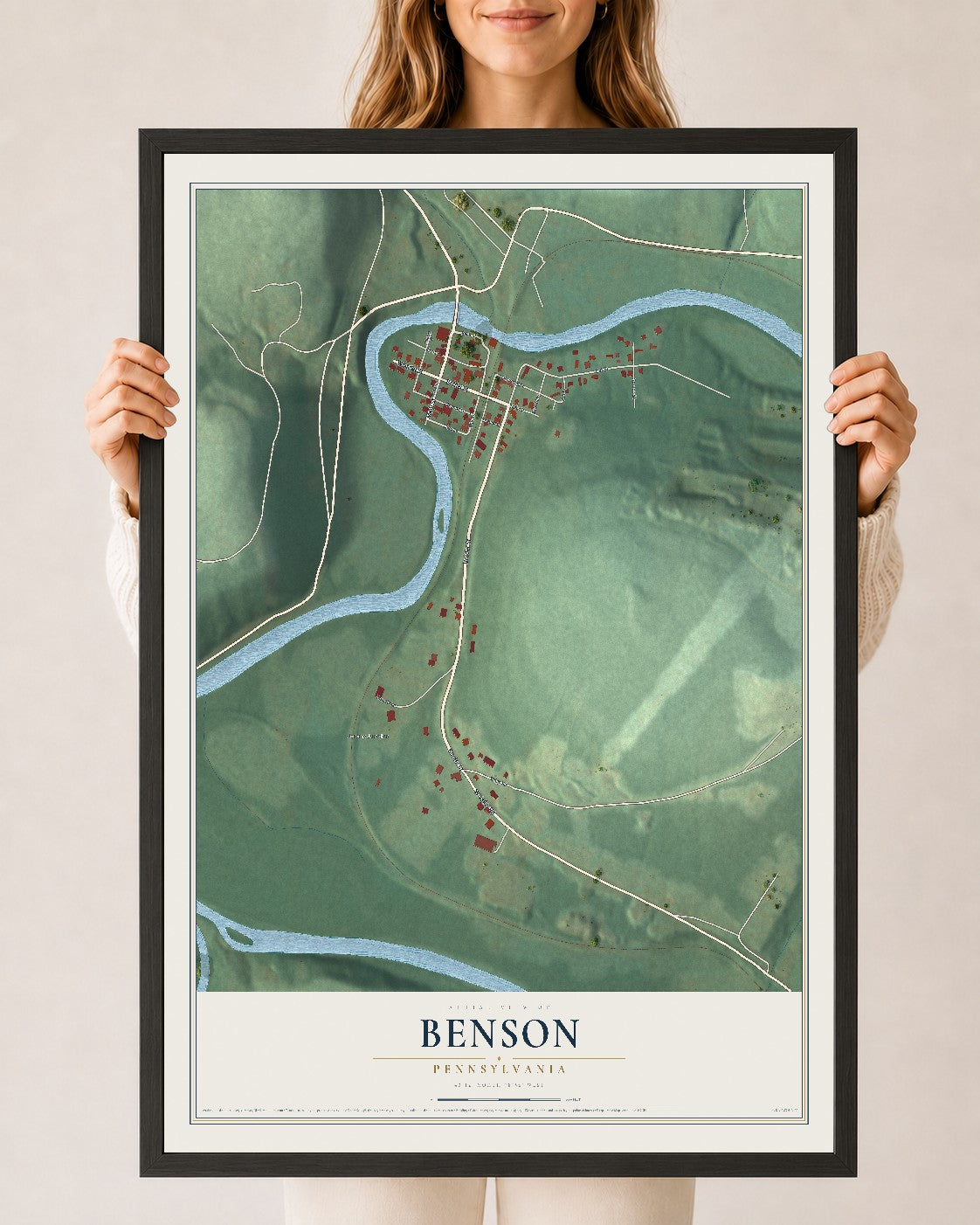 Map of Benson, Pennsylvania, 24 x 36 inch print in a black wood frame