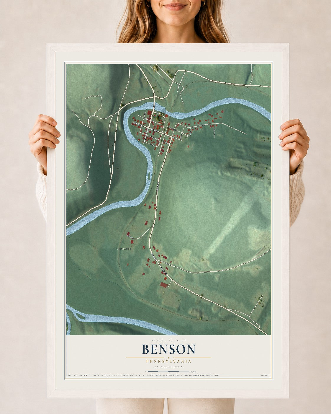 Map of Benson, Pennsylvania, 24 x 36 inch print in a white wood frame
