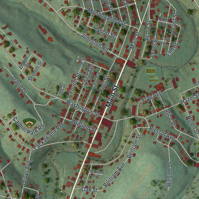 Close-up of the map of Bentleyville, Pennsylvania print showing street and building detail