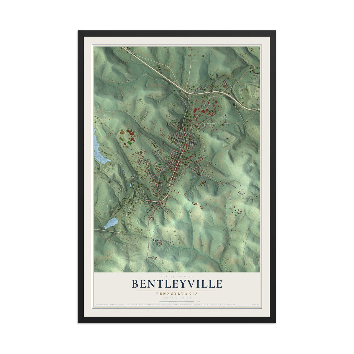 Map of Bentleyville, Pennsylvania, 12 x 18 inch print in a black wood frame