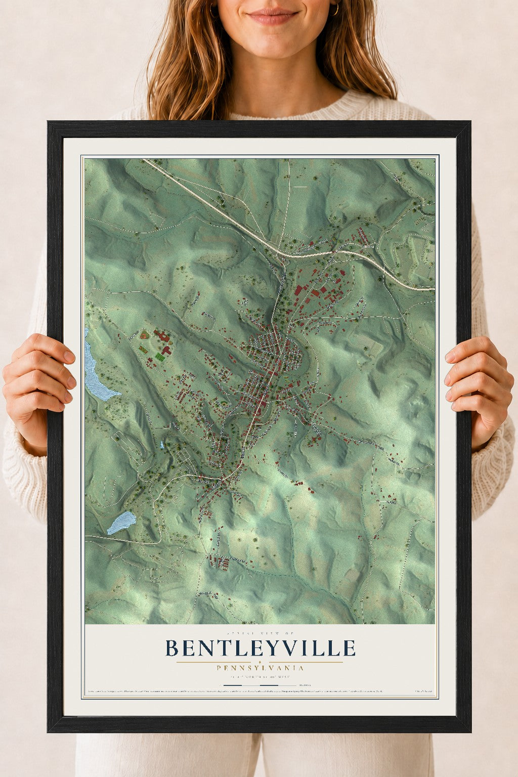 Map of Bentleyville, Pennsylvania, 18 x 24 inch print in a black wood frame