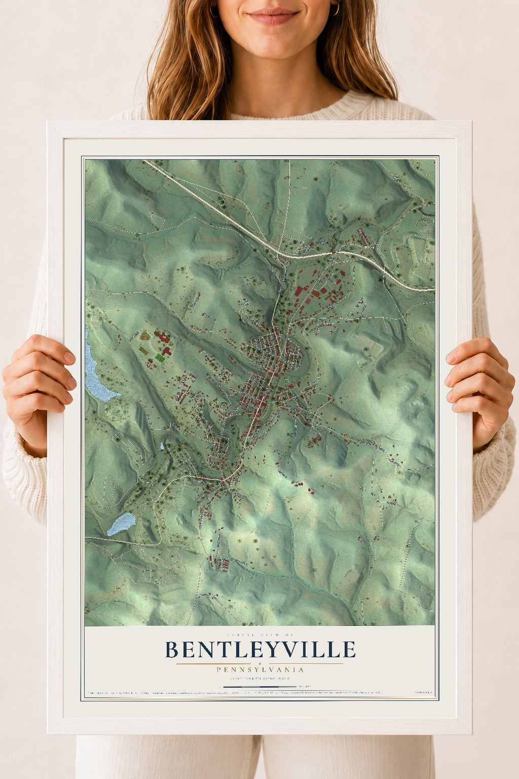 Map of Bentleyville, Pennsylvania, 18 x 24 inch print in a white wood frame