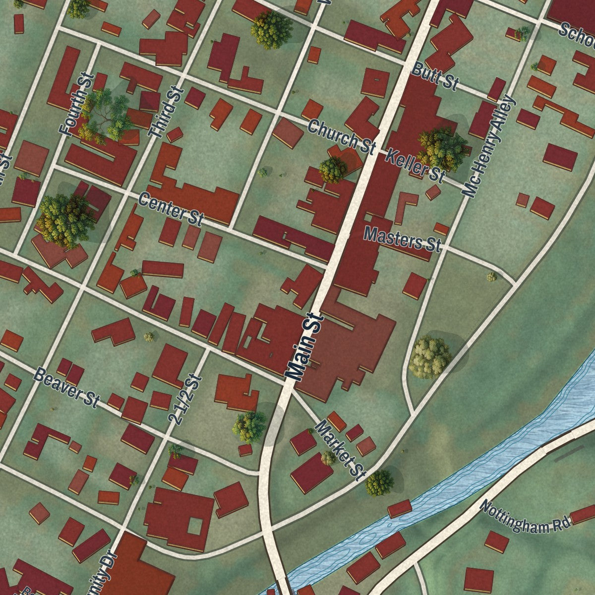 Close-up of the map of the Borough of Benton, Columbia County, Pennsylvania print showing street and building detail