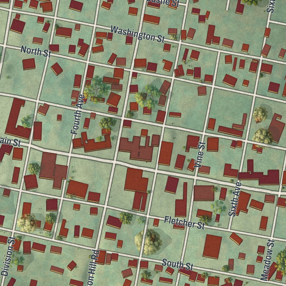 Close-up of the map of Berlin, Somerset County, Pennsylvania print showing street and building detail