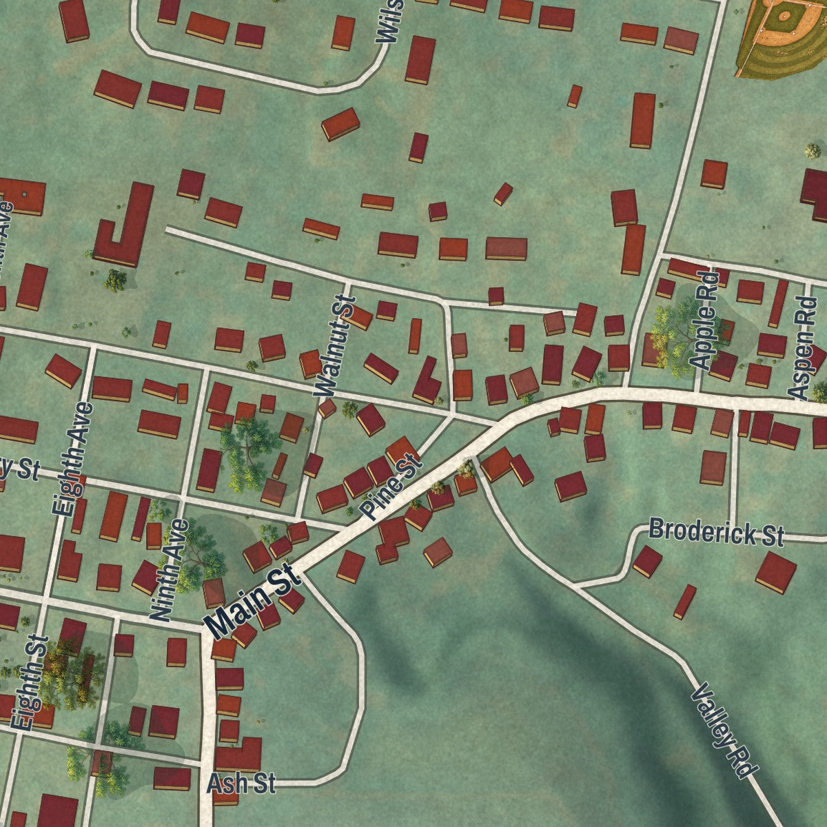 Second close-up of the map of Berlin, Somerset County, Pennsylvania print showing more streets and buildings