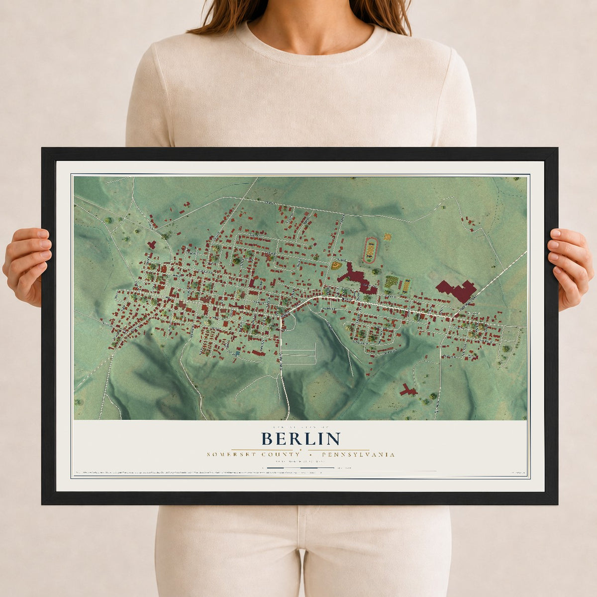 Map of Berlin, Somerset County, Pennsylvania, 12 x 18 inch print in a black wood frame