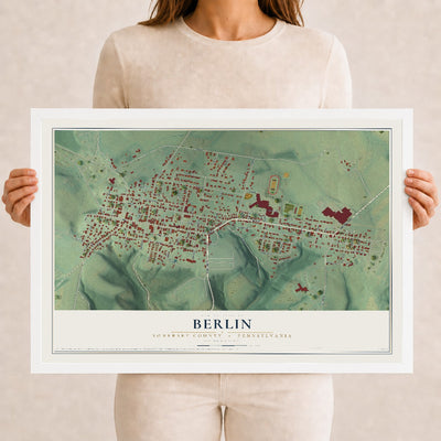 Map of Berlin, Somerset County, Pennsylvania, 12 x 18 inch print in a white wood frame