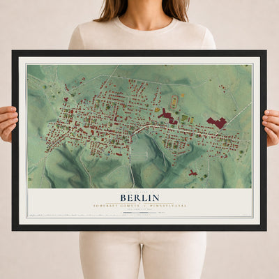 Map of Berlin, Somerset County, Pennsylvania, 18 x 24 inch print in a black wood frame