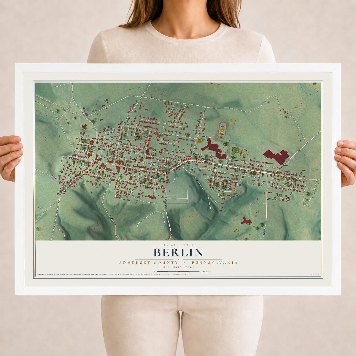 Map of Berlin, Somerset County, Pennsylvania, 18 x 24 inch print in a white wood frame