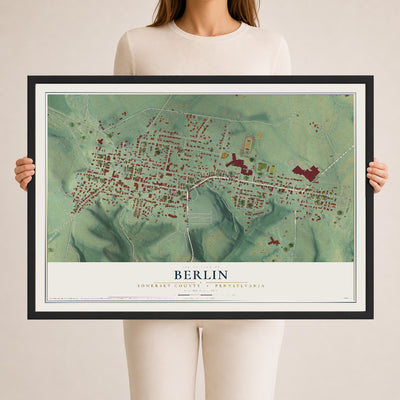Map of Berlin, Somerset County, Pennsylvania, 24 x 36 inch print in a black wood frame