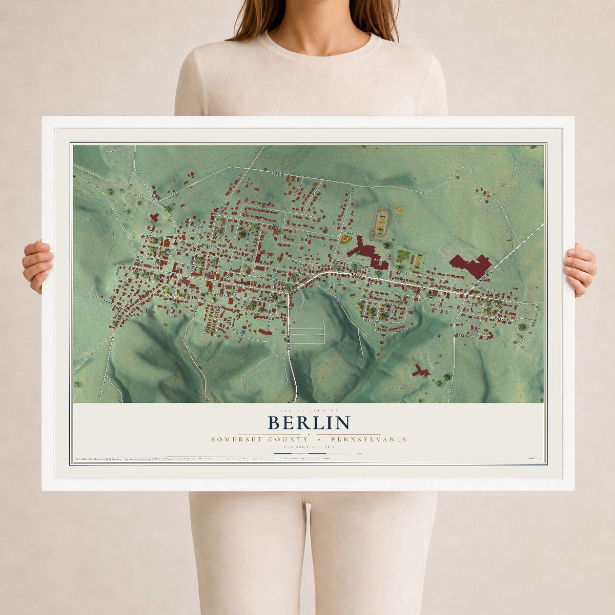 Map of Berlin, Somerset County, Pennsylvania, 24 x 36 inch print in a white wood frame