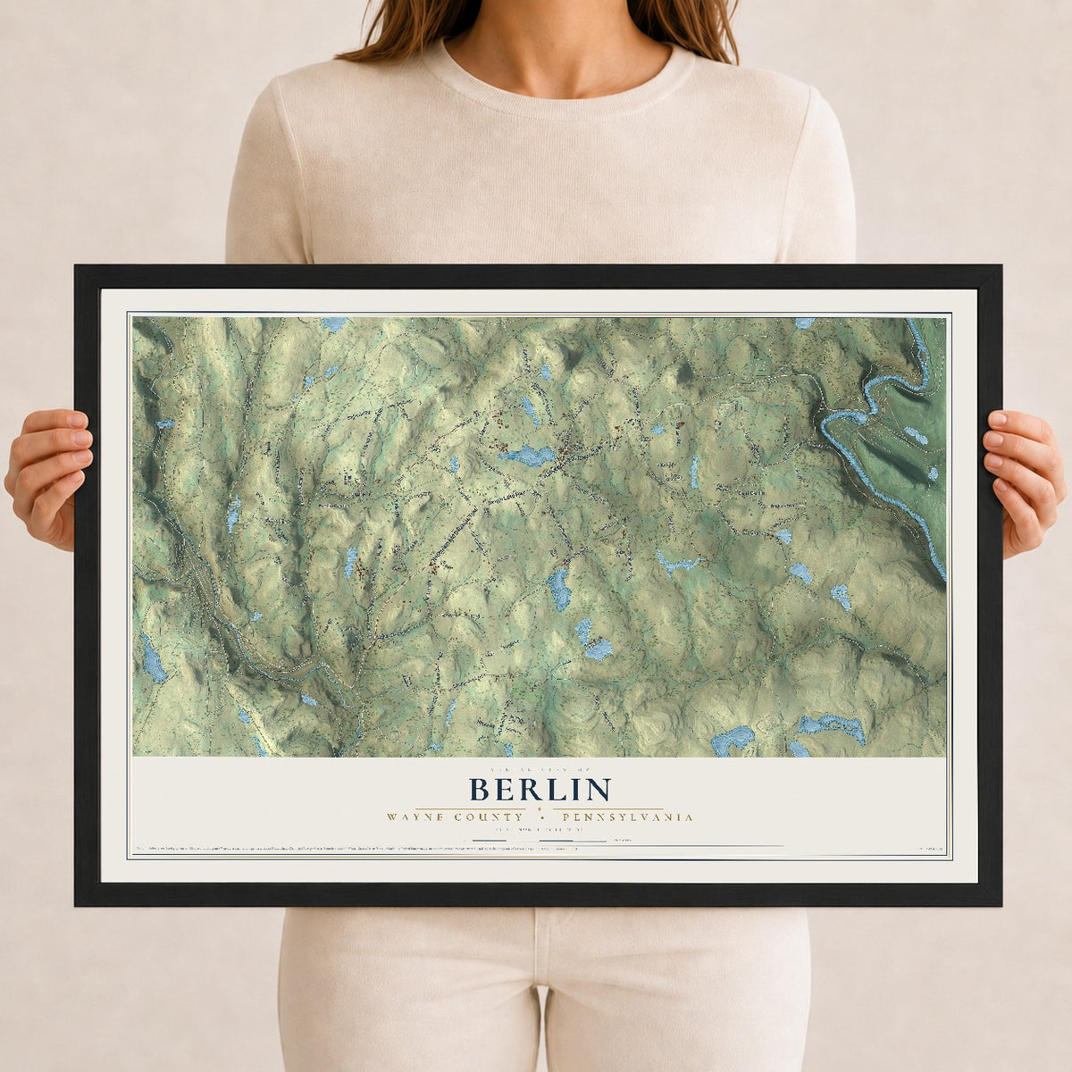 Map of Berlin, Wayne County, Pennsylvania, 12 x 18 inch print in a black wood frame