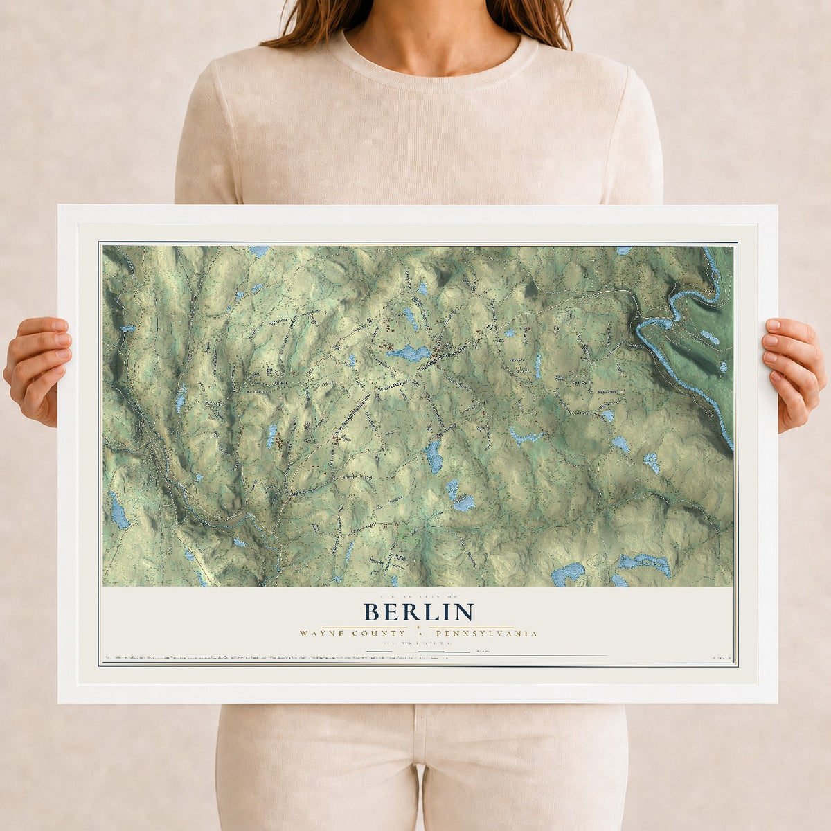 Map of Berlin, Wayne County, Pennsylvania, 12 x 18 inch print in a white wood frame
