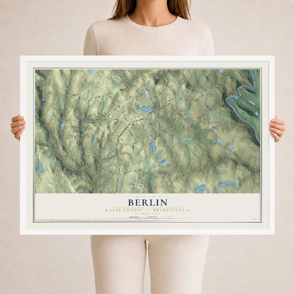 Map of Berlin, Wayne County, Pennsylvania, 24 x 36 inch print in a white wood frame