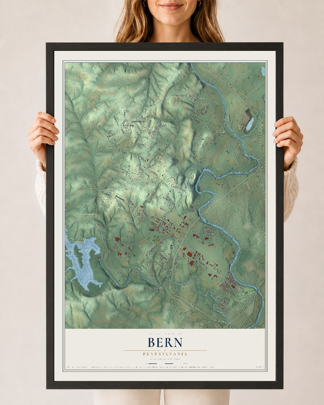 Map of Bern, Pennsylvania, 24 x 36 inch print in a black wood frame