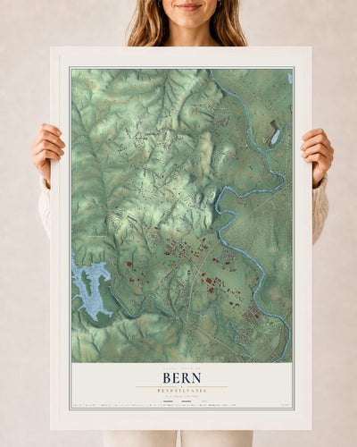 Map of Bern, Pennsylvania, 24 x 36 inch print in a white wood frame