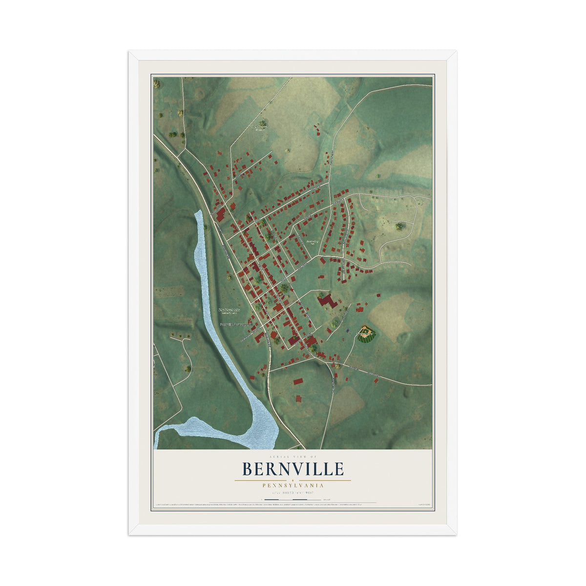 Map of Bernville, Pennsylvania, 12 x 18 inch print in a white wood frame