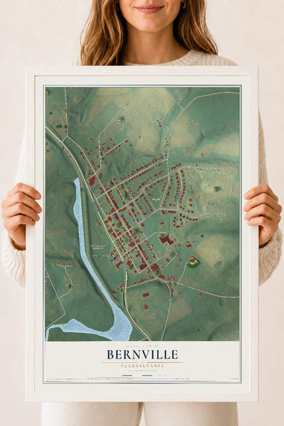 Map of Bernville, Pennsylvania, 18 x 24 inch print in a white wood frame
