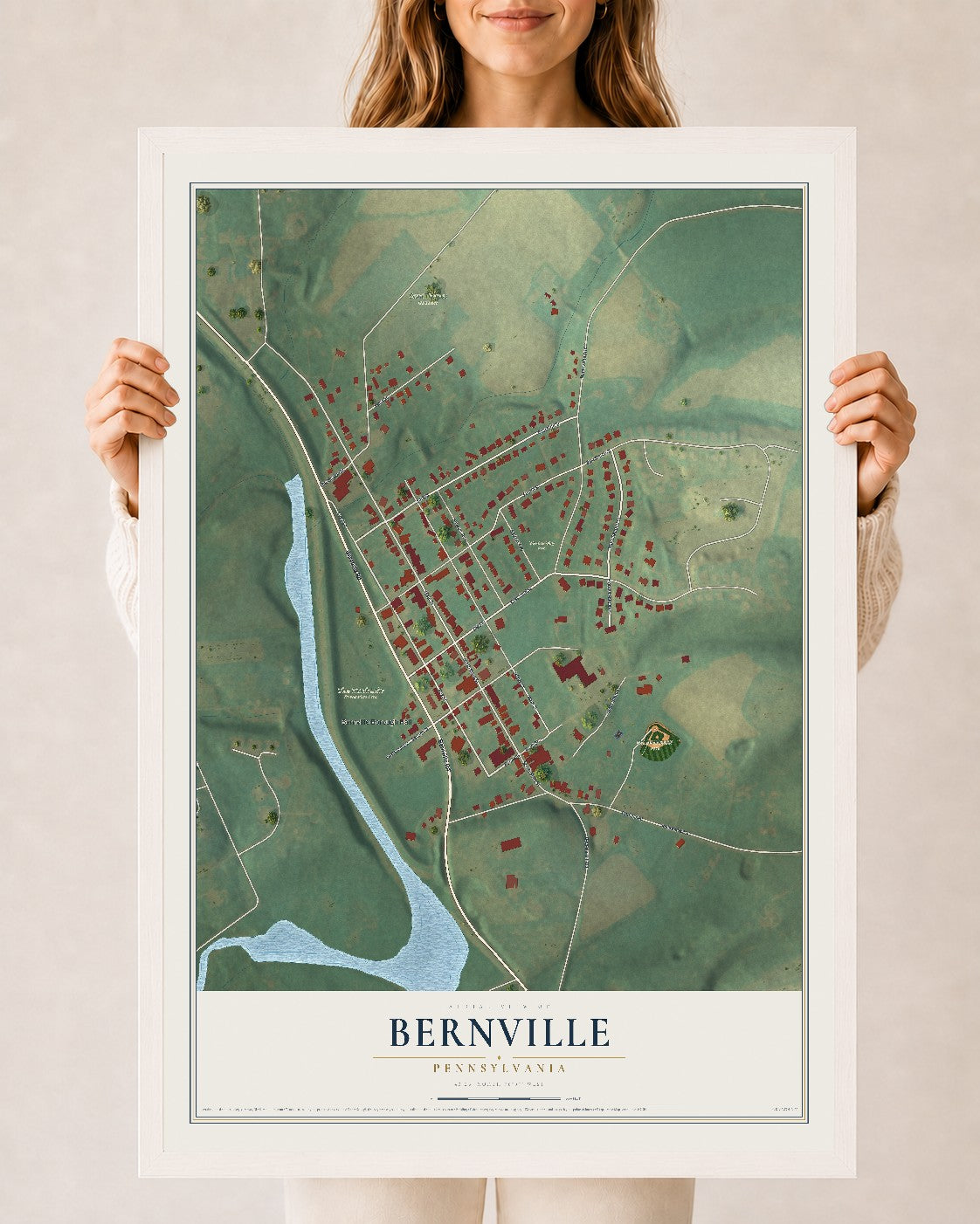 Map of Bernville, Pennsylvania, 24 x 36 inch print in a white wood frame