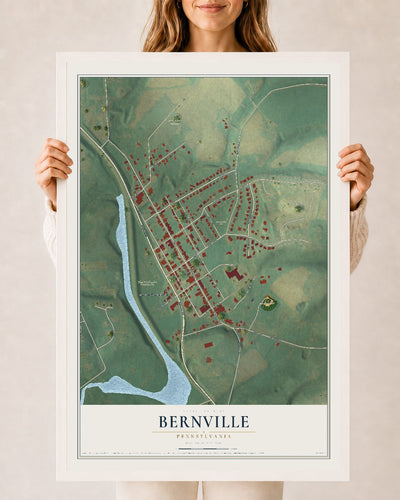 Map of Bernville, Pennsylvania, 24 x 36 inch print in a white wood frame
