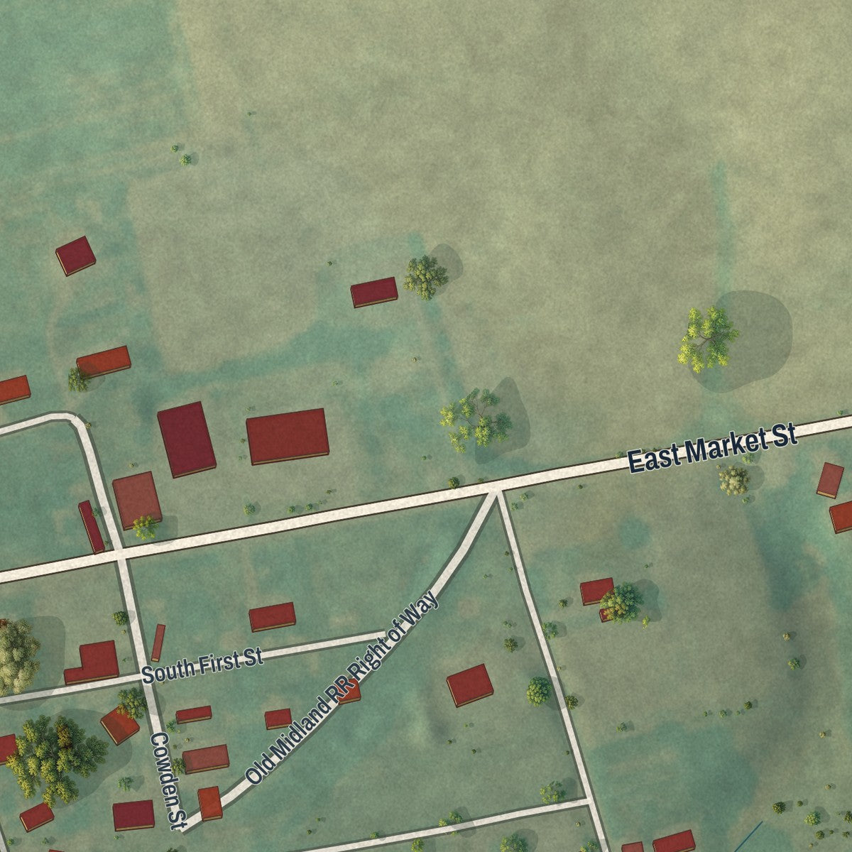 Second close-up of the map of Berrysburg, Pennsylvania print showing more streets and buildings
