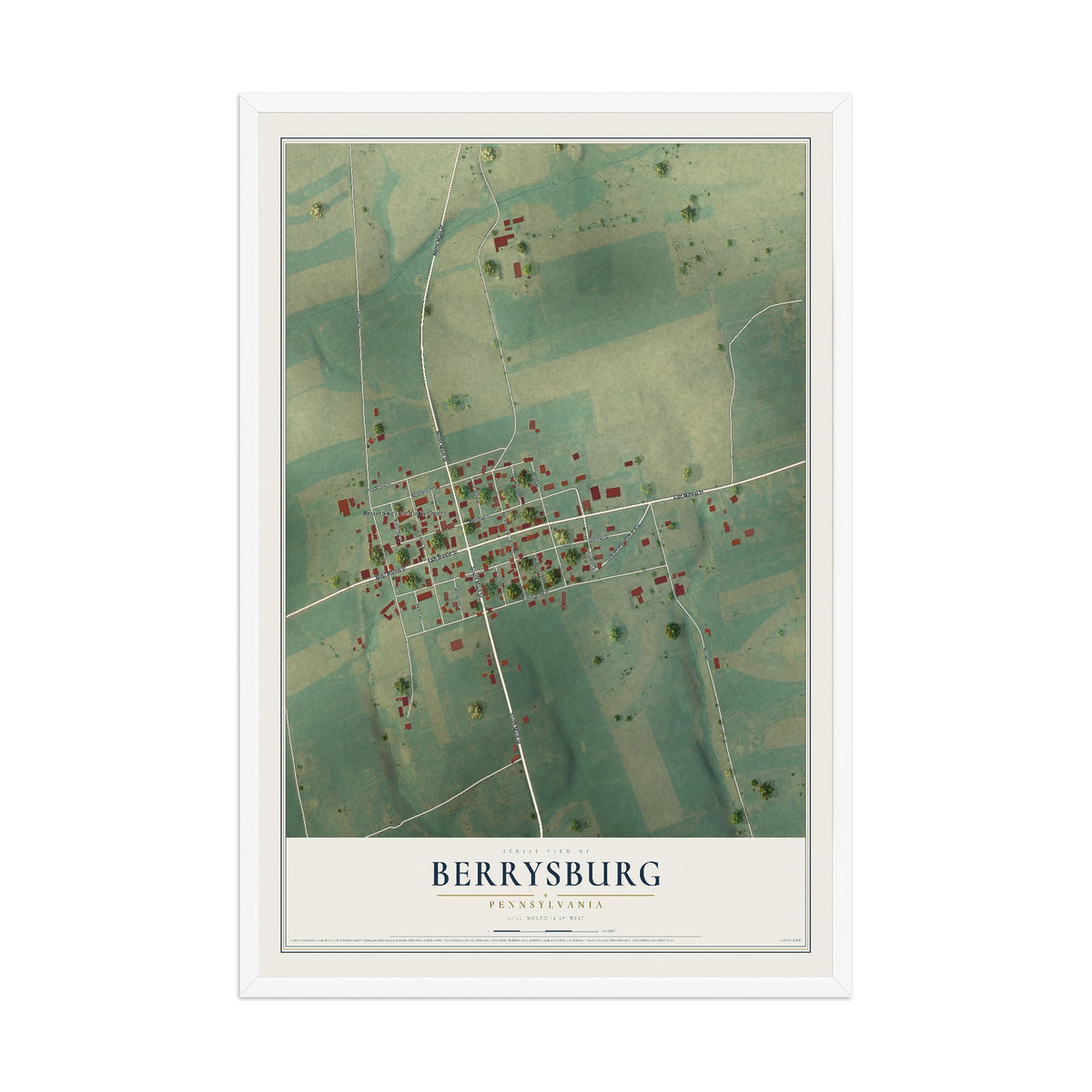Map of Berrysburg, Pennsylvania, 12 x 18 inch print in a white wood frame