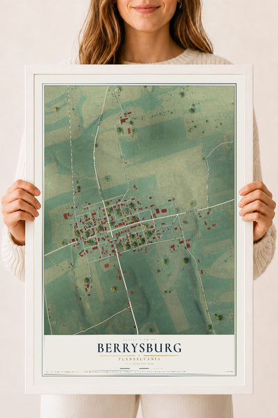 Map of Berrysburg, Pennsylvania, 18 x 24 inch print in a white wood frame