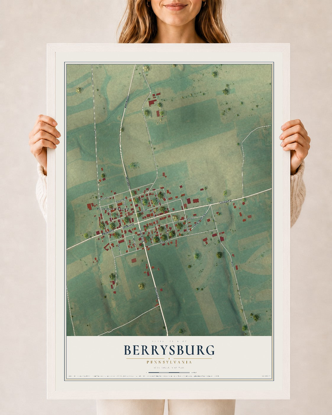 Map of Berrysburg, Pennsylvania, 24 x 36 inch print in a white wood frame