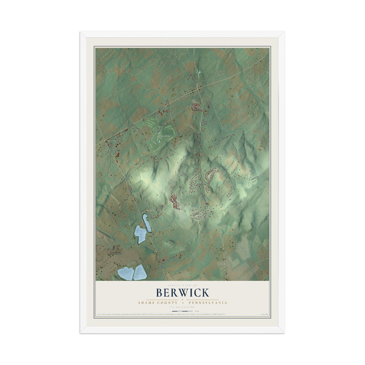 Map of Berwick, Adams County, Pennsylvania, 12 x 18 inch print in a white wood frame