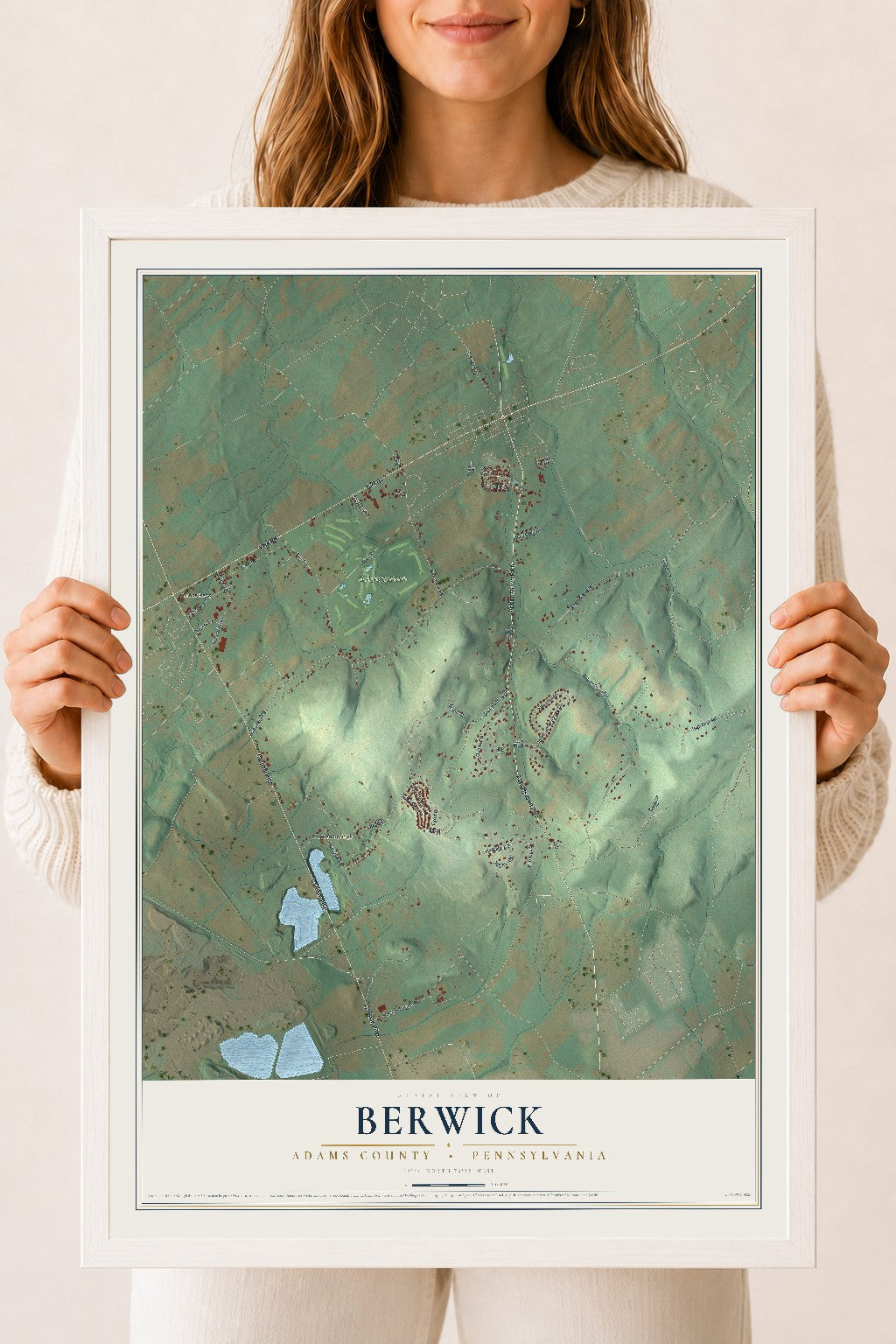 Map of Berwick, Adams County, Pennsylvania, 18 x 24 inch print in a white wood frame