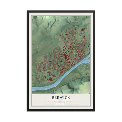 Map of Berwick, Columbia County, Pennsylvania, 12 x 18 inch print in a black wood frame