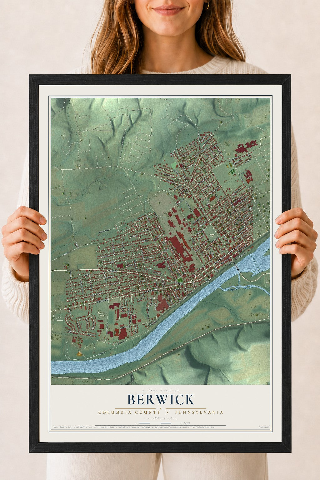 Map of Berwick, Columbia County, Pennsylvania, 18 x 24 inch print in a black wood frame