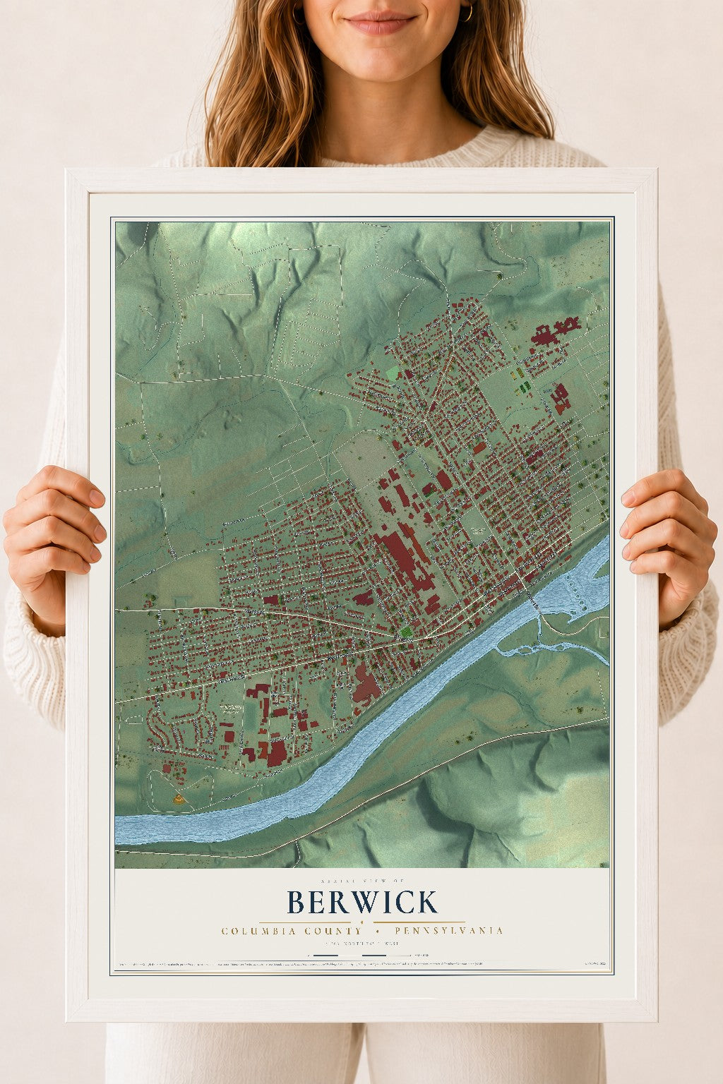 Map of Berwick, Columbia County, Pennsylvania, 18 x 24 inch print in a white wood frame
