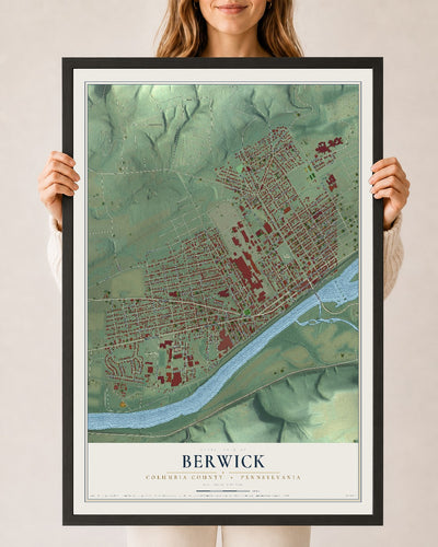 Map of Berwick, Columbia County, Pennsylvania, 24 x 36 inch print in a black wood frame