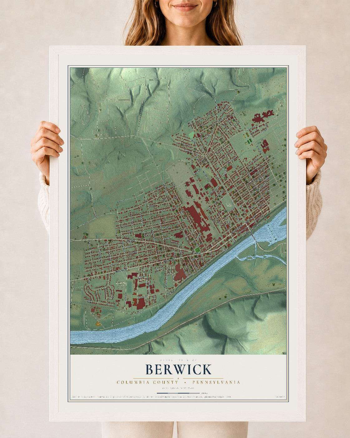 Map of Berwick, Columbia County, Pennsylvania, 24 x 36 inch print in a white wood frame