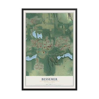 Map of Bessemer, Pennsylvania, 12 x 18 inch print in a black wood frame