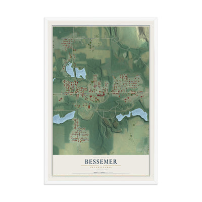 Map of Bessemer, Pennsylvania, 12 x 18 inch print in a white wood frame