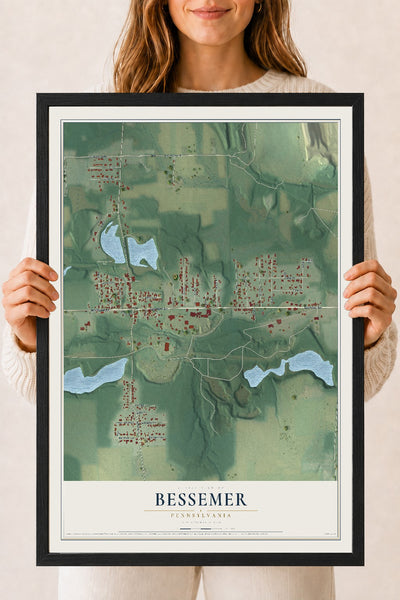 Map of Bessemer, Pennsylvania, 18 x 24 inch print in a black wood frame