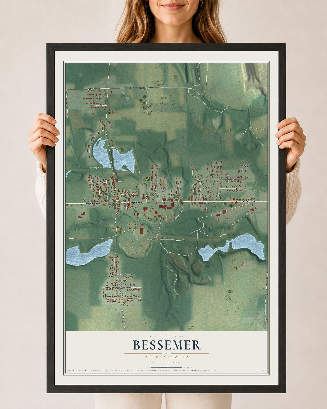 Map of Bessemer, Pennsylvania, 24 x 36 inch print in a black wood frame
